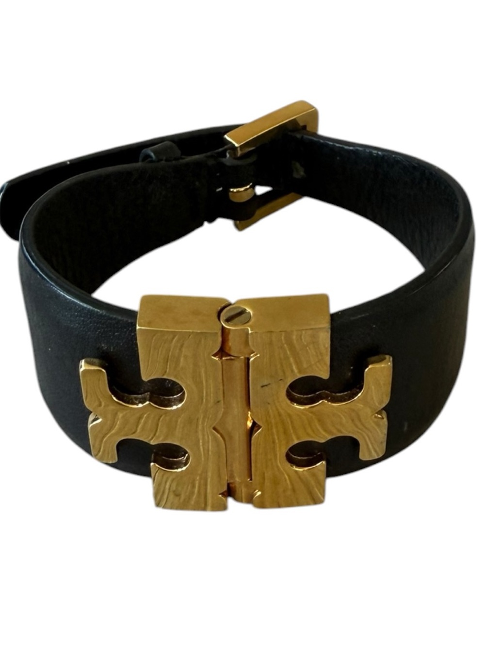 Tory Burch Black Leather Bracelet with Gold Logo Buckle